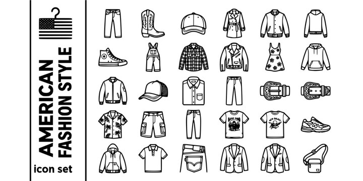 American Fashion Style Culture Bold Line Icons-Denim Jeans Cowboy Boots Baseball Cap Trench Coat Varsity Jacket Chuck Taylor Overalls Flannel Leather Jacket Sundress Bomber-25 Fashion Icon Set Vector