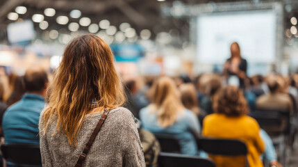 Fototapeta premium Crowd listens to speaker at event in large conference hall in evening setting
