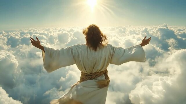 The light spread: spiritual man in clouds embracing divine sunbeam