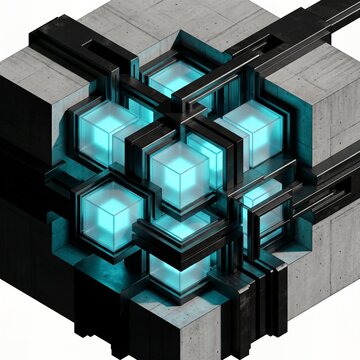 Industrial brutalist concrete structure housing glowing blue glass data server cubes within black metal frames