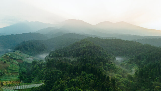 Aerial view of lush green mountains and misty valleys with agricultural terraces under a soft morning light in Sukabumi, West Java, Indonesia.
