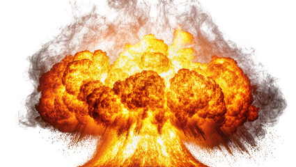 Massive fiery explosion with dark smoke plumes, isolated on transparent background © Nicolas