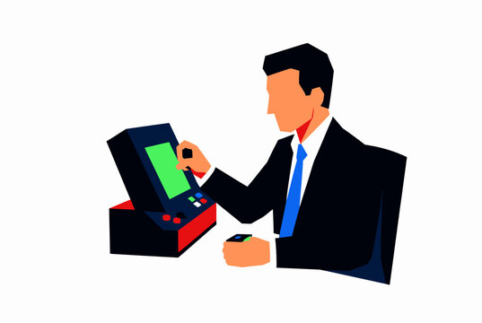Businessman using electronic voting machine illustration.