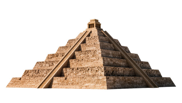 Ancient stone Mayan pyramid with steep stairs, isolated on transparent background
