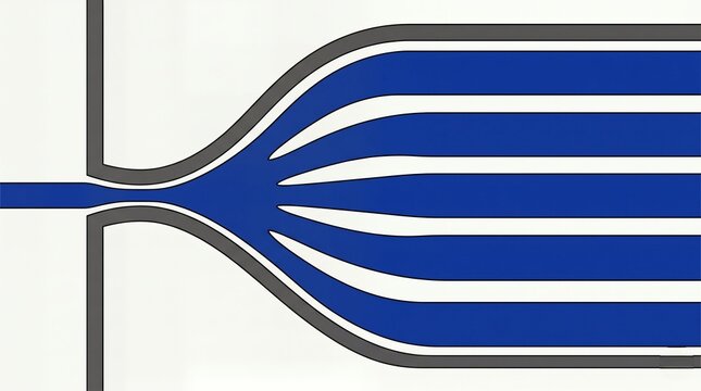 Fluid dynamics diagram showing a single blue liquid stream splitting into five parallel flow channels