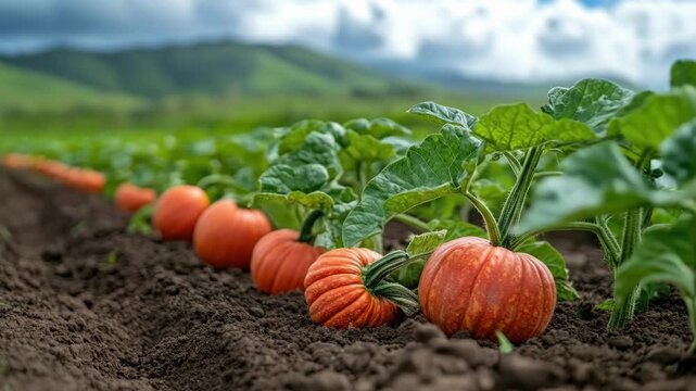 Vibrant pumpkins growing in a lush green field under a cloudy sky