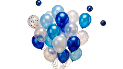 Assortment of blue and white balloons with confetti, isolated on transparent background © Nicolas
