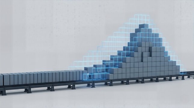 Conveyor belt carrying grey boxes with a glowing blue wireframe projecting a stacked pyramid structure