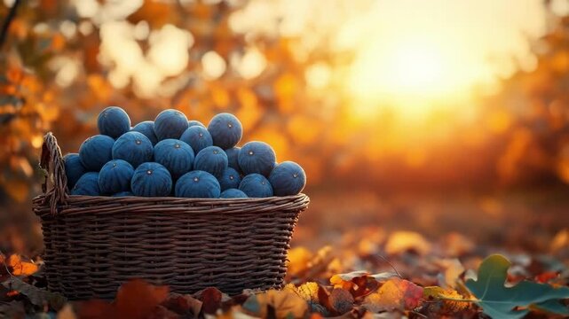 Basket of fresh figs in autumn sunset with colorful leaves