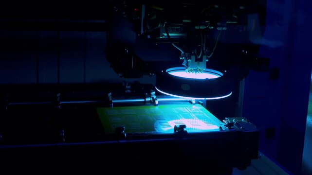 High-tech.Close up shot of microchip placement with bright strobe light quality control. Semiconductor manufacturing, industry 4.0, advanced robotics.Quality assurance in modern production.