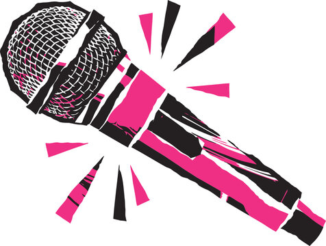 Punk rock microphone vector illustration, grunge pink and black vocal mic with ink splatter texture, edgy musical equipment for concert posters