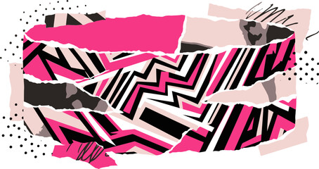 Abstract geometric collage with torn paper edges, vibrant pink and black zigzag pattern vector, edgy urban street art background for fashion design © 成 sнıηяα тєηsєı ツ