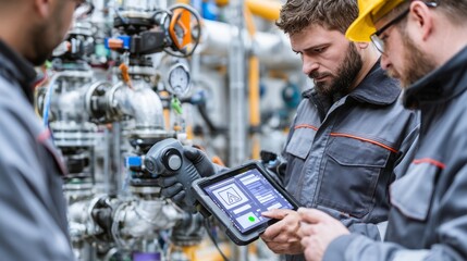 Fototapeta na wymiar Technicians inspecting compressed air system with ultrasonic leak detector and tablet in factory