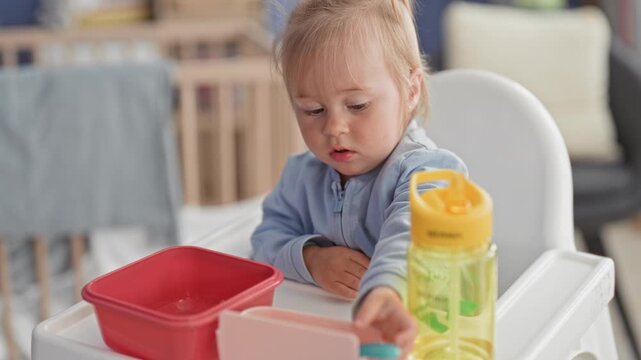 Toddler girl in highchair reaches with spoon toward red bowl and holds yellow bottle on tray in building; curiosity independence.
