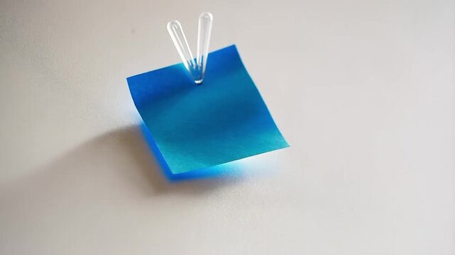 Blue sticky note with pushpin placed on white wall, close-up office reminder concept video