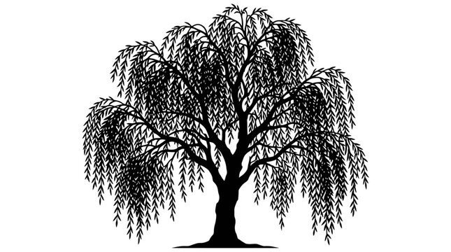 Weeping willow tree silhouette against a white background