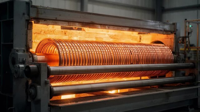 Medium shot of copper coils moving through a continuous furnace demonstrating efficient recrystallization annealing to soften and improve flexibility.