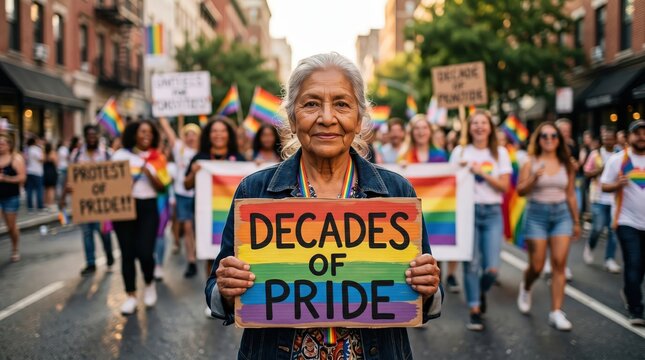Older woman holding a colorful sign reading "Decades of Pride" while participating in a vibrant LGBTQ Pride Parade with diverse participants and rainbow flags in the background