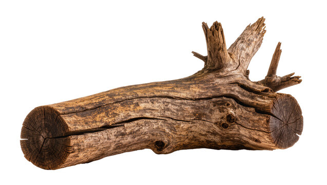 Gnarly weathered dead tree branch with rough texture, isolated on transparent background