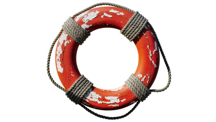 Weathered orange life preserver ring with thick rope, isolated on transparent background © Nicolas