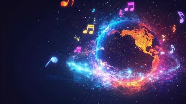 Vibrant earth with colorful musical notes in space