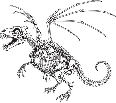 Dragon skeleton with wings outstretched in a dynamic pose against a white background skeletal creature concept graphic illustration style