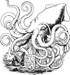 Giant Kraken attacking a sailing ship in stormy seas with dramatic lighting and intricate linework style © SD DESIGN STUDIO