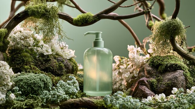 Hand Pump Soap Dispenser Surrounded by Moss, Flowers, and Natural Greenery for Eco-Friendly Product Display