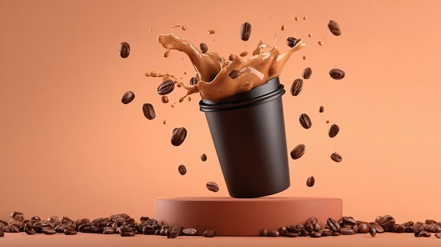 Coffee cup pouring latte art with coffee beans floating mid-air on pink platform