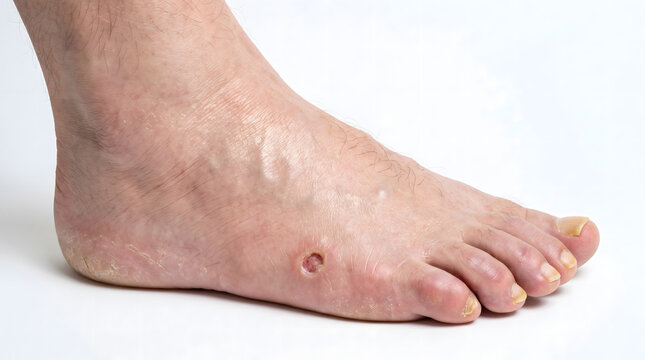 Diabetic foot ulcer and skin complications close-up. Chronic wound, neuropathy or peripheral artery disease medical concept. Isolated on white. AI generated.