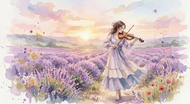 Watercolor illustration of a woman playing the violin in a vast lavender field during sunset.