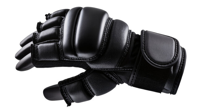 Black padded MMA glove with velcro strap, isolated on transparent background