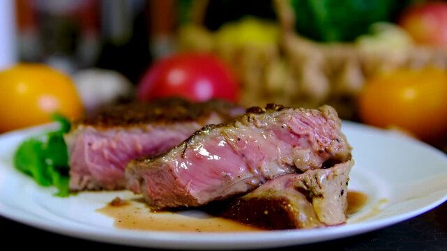 Chef in black gloves seasons, sears and bastes a ribeye steak with garlic and butter on a stainless steel pan. Complete medium rare steak recipe from preparation to slicing and serving.