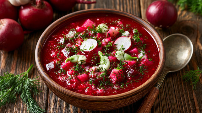 Delightful beetroot soup bursting with fresh vegetables and vibrant colors