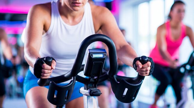 Fit woman gripping the handlebars of a stationary exercise bike during a spinning class in a gym.