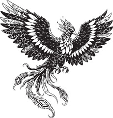 Fototapeta premium Mythical Phoenix in flight with intricate black and white pattern against a white background