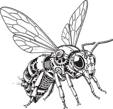 Steampunk insect mechanical bee with gears and wings in outline drawing for industrial concept