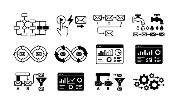 Marketing automation and email workflow line icon set with analytics dashboard, drip campaign, ab testing, and process flowchart