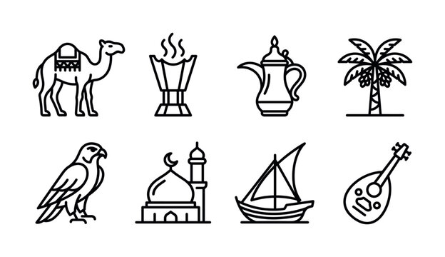 Arabic culture and heritage line icons of camel, mosque, dallah coffee pot, falcon, palm tree, dhow boat, oud, and incense burner