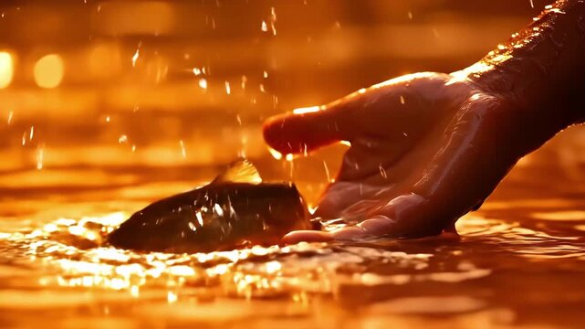 Sunlit hand holding trout in golden water at sunset