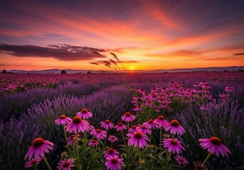 Fototapeta premium Vibrant sunset over lavender field with blooming flowers 