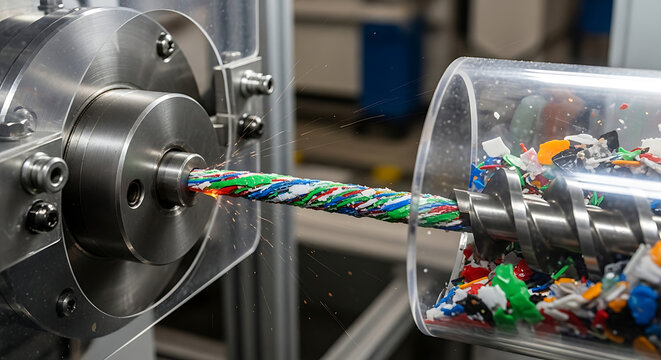 Industrial plastic recycling process with shredded colorful plastic waste being fed into an extruder machine