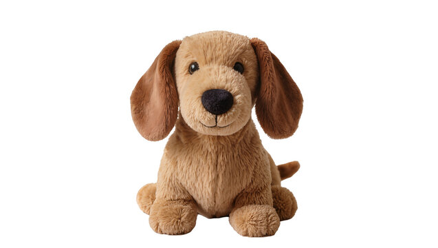 Fluffy brown dachshund plush toy with floppy ears, isolated on transparent background