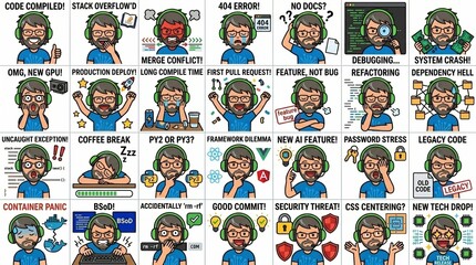 Fototapeta premium Programmer sticker set with various coding challenges and reactions isolated on white background