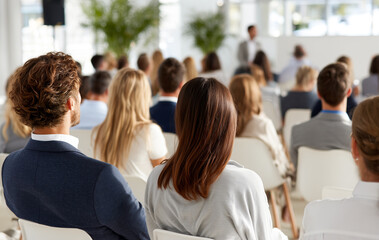 Fototapeta premium Business people listening to a speaker at a conference. Rear view of audience in seminar hall. Corporate professional education and networking event in modern bright office