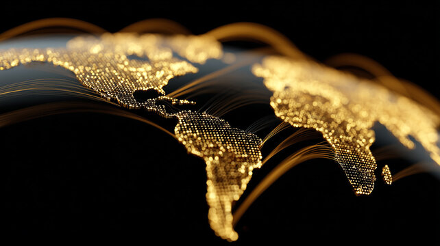 World map background with glowing golden dots and fiber optic lines connecting continents. Concept of global network, digital business and communications