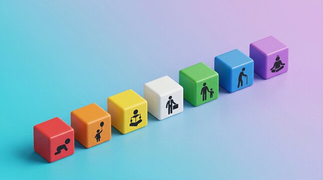 Colorful 3D cubes arranged in a diagonal line represent the various stages of human life cycle and personal development.