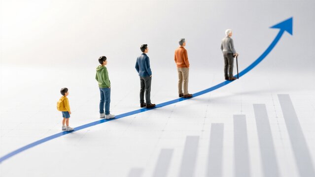 Line of miniature figures from childhood to old age walks up a rising blue arrow above a bar graph to symbolize growth and aging.