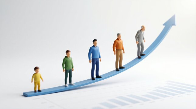 Miniature figures of men at various stages of life stand on an ascending blue arrow depicting growth and the aging process.