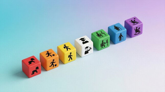 Series of colorful cubes arranged in a diagonal line represent the different stages of human life from infancy to old age.